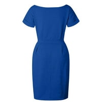 Фустани за жени плус големина женски џеб v-врат со кратки ракави со цврста средна должина на обични песни фустани сини s