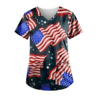 Sksloeg Scrub Top For Women Lutture American USA Shark Chrпичен ракав V вратот лабави памучни кошули Истегнат В-врат за вратот