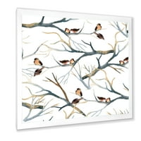 Дизајн на „Мали птици кои седат на гранките на дрвјата, јас“ традиционално врамен уметнички принт