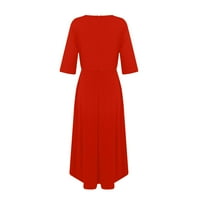Фустани за жени женски A-линија долга цврста цврста должина на лактот V-врат секси модни фустани со црвена XL