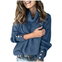 Копче за Пуловер со женски Врат Долги Ракави Лабави Плетени Врвови На Џемпер Сини М