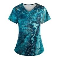 Женски летни врвови на деколтето графички отпечатоци од блуза, обични жени кошули кратки ракави темно сини s