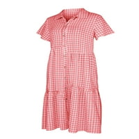 Карирано копче за печатење надолу кошула фустан жени моден краток ракав а-линија миди фустан летен дами обичен одмор