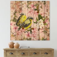 DesignArt 'Птици на розова цреша Сакура и цвеќиња од јаболка I' Традиционално печатење на природно бор дрво