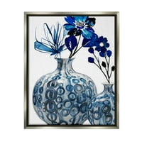Модерен сино цвеќе аранжман ботанички и цветни графички уметности сјај сива врамена уметничка печатена wallидна уметност