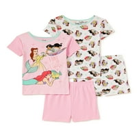 Девојки за кратки ракави за кратки ракави на Дизни принцеза, сет за пижами од 4 парчиња, големини 4-10