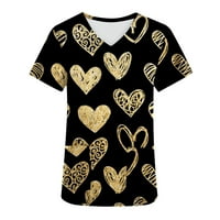 Денот На вљубените Чистење Блузи За Жени Графички Маици Трендовски Срца Печатење Со V Вратот Краток Ракав Црна М