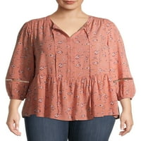 COMO BLU Women'sенски плус големина печатена четвртина ракав V-врат-врат блуза