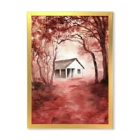 DesignArt 'Црвени есенски шуми и куќа во диви' кабина и ложа врамена уметност печатење